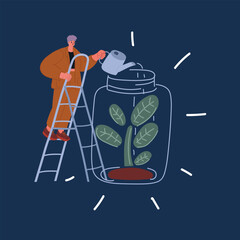 Cartoon vector illustration of office woman watering plant in big jar
