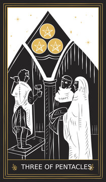 Three of Pentacles Tarot Card Minor Arcana in Vector Illustration