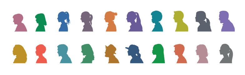 People face portrait side view colorful flat silhouette set collection. Man and woman side face avatar portrait different age in different colors silhouette.