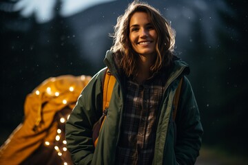 Beautiful young woman camping in the mountains on a rainy day.