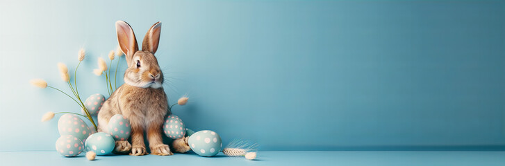 Cute Easter bunny with dotted eggs on a blue pastel background. Creative commercial banner with...