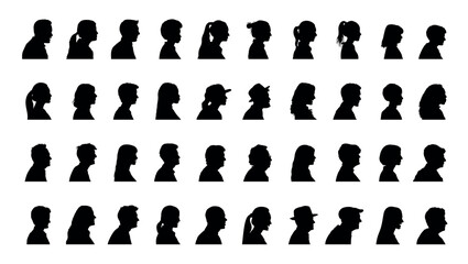 Human face portrait side view colorful silhouette set collection. Man and woman side face avatar portrait different age and generation black silhouette. - obrazy, fototapety, plakaty