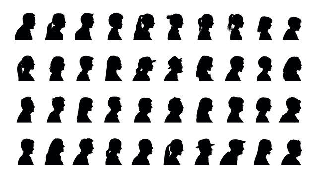 Human face portrait side view colorful silhouette set collection. Man and woman side face avatar portrait different age and generation black silhouette.