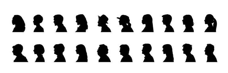 People faces profile different ages side view silhouette set collection. Man and woman side faces avatar portrait flat silhouette.