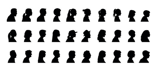 People face profiles side view black silhouette set collection. Man and woman side face avatar portrait different age flat silhouette.