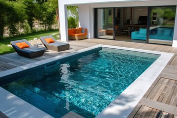 A Large Swimming Pool in a Backyard With Lounge Chairs