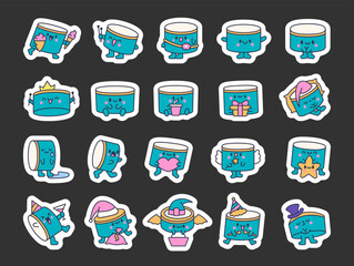 Cartoon kawaii drum character with sticks. Sticker Bookmark. Funny musical personage with drumsticks. Hand drawn style. Vector drawing. Collection of design elements.