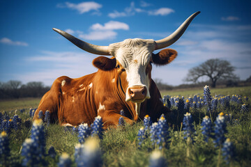 Texas Longhorn cow in a field of bluebonnets in spring - 741310641