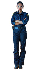 Fototapeta premium Isolated on white Background, transparent: Confident and Strong Female Police Officer in Full Uniform Standing Proudly