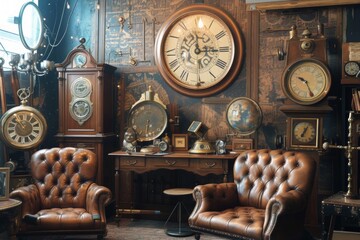An image of a retro-futuristic steampunk office space filled with vintage clocks and various pieces...