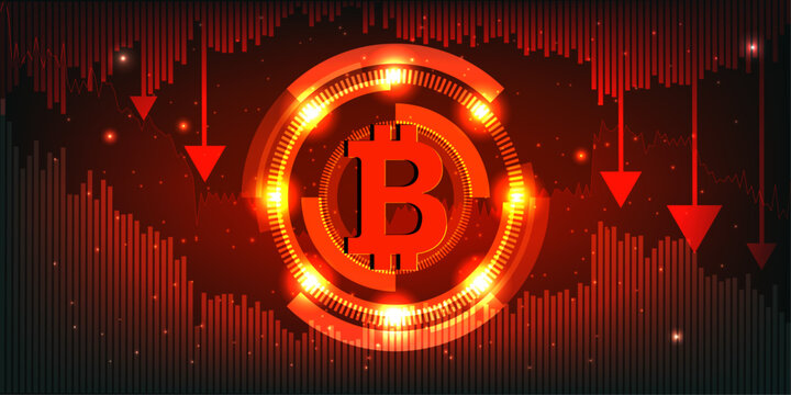 Bitcoin Price Falling Down Concept, Digital Cryptocurrency on Red Bar chart with Arrow Background. Vector illustration