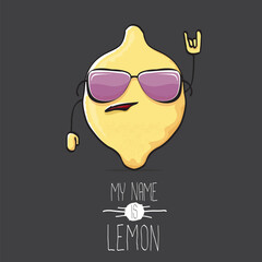 vector funny cartoon cute yellow lemon character isolated on grey background. My name is lemon concept illustration