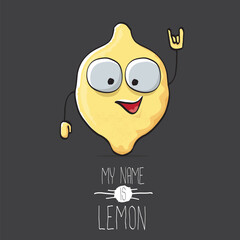 vector funny cartoon cute yellow lemon character isolated on grey background. My name is lemon concept illustration
