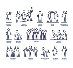 People basic positions and movement postures in outline icons collection set. Labeled elements list with different jumping, waving, standing or group interaction moments vector illustration. - obrazy, fototapety, plakaty
