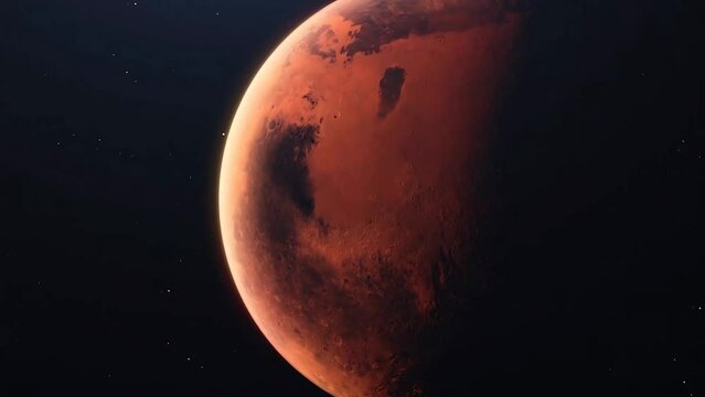 3D Rendered Animated Zooming Out View Of Spinning Red Planet Mars With Orbiting Moon.