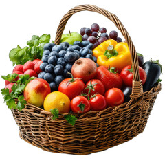 vegetables and fruits in wicker basket isolated on transparent background, element remove background, element for design