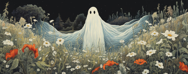 Ghost on meadow full of wild flowers. - obrazy, fototapety, plakaty
