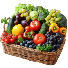 vegetables and fruits in wicker basket isolated on transparent background, element remove background, element for design