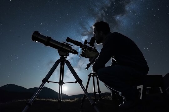 Silhouette of a man with a telescope against the starry sky