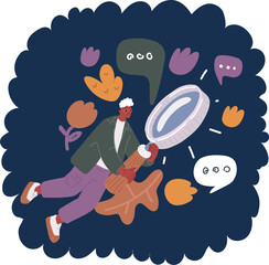 Cartoon vector illustration of man worker jump fly to huge magnifying glass hold by hand arm concept of success goal