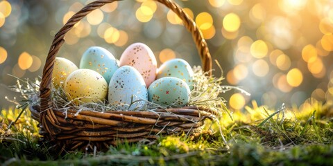 A Wicker Basket Full of Colorfully Painted Easter Eggs Nestled in Fresh Green Grass, Generative AI