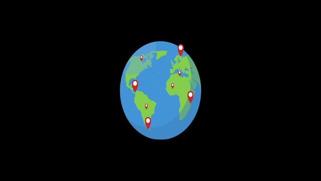 animated locations on earth. motion graphic map of the earth. animation of the earth rotating