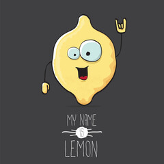 Obraz premium vector funny cartoon cute yellow lemon character isolated on grey background. My name is lemon concept illustration