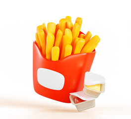 3d render french fries in red paper box with ketchup and cheese sauce icons. Fastfood restaurant meals, isolated mockup american potato snack with mustard and chili in white dip packs. 3D illustration