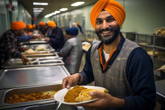 
Middle-aged Sikh granthi in his 40s serving langar (community meal) in the langar hall of a Canadian gurdwara
