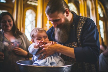 
Orthodox priest baptizing a newborn baby girl in a traditional font of holy water - obrazy, fototapety, plakaty