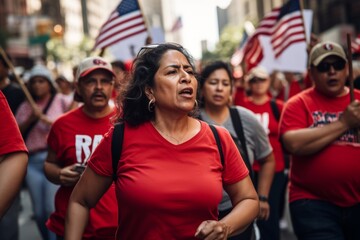 
Photograph a middle-aged Hispanic woman, aged 56, marching alongside others in a demonstration advocating for immigrant rights