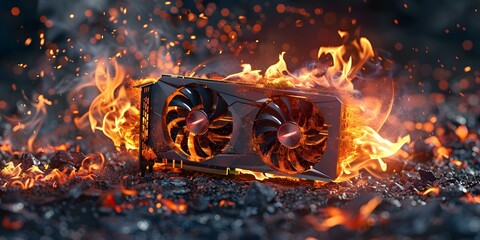 Potential Damage Risk from Overheated Graphics Card Emitting Flames and Smoke. Concept Graphics Card, Overheating, Fire Hazard, Potential Damage, Smoke Emission - obrazy, fototapety, plakaty