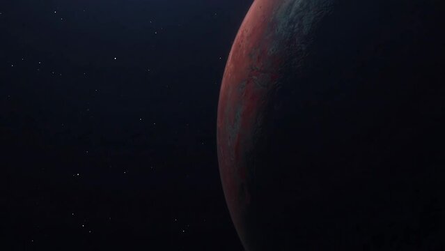 3D Rendered Animated Zooming Out View Of Spinning Blood Red Planet Pluto In Space.
