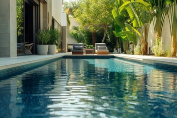 A sophisticated swimming pool with a lounge chair positioned beside it, offering a relaxing atmosphere.