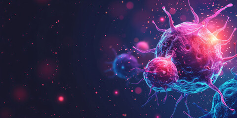 Tumor microenvironment background with cancer cells, T-Cells, nanoparticles, molecules and blood vessels. Oncology research concept