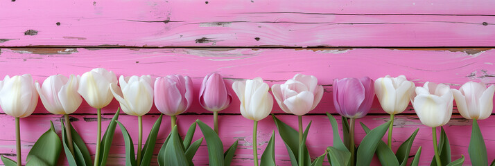 Purple and white tulips on pink wood planks panoramic background with copy space, mother's day flowers and spring web banner - 741313446
