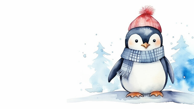 Funny baby penguin, a postcard with a cute winter character on a white background