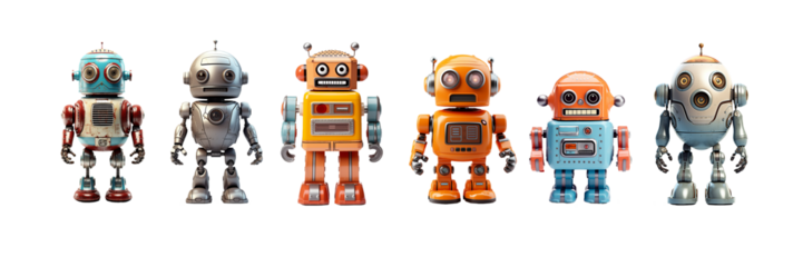 Collection set of vintage robots toys, miniature figurines isolated on panoramic transparent background, png file