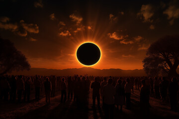 Crowd of people watching an annular solar eclipse, illustration for the total eclipse of the sun in April 2024 imagined by AI - not the actual event