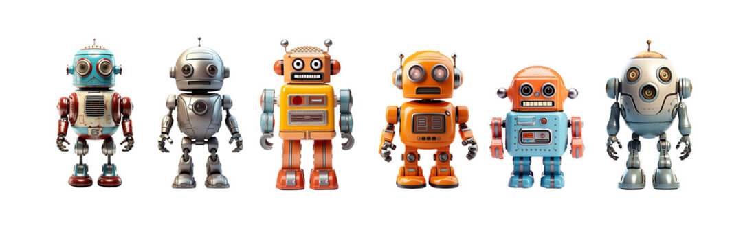 Collection set of vintage robots toys, miniature figurines isolated on panoramic transparent background, png file