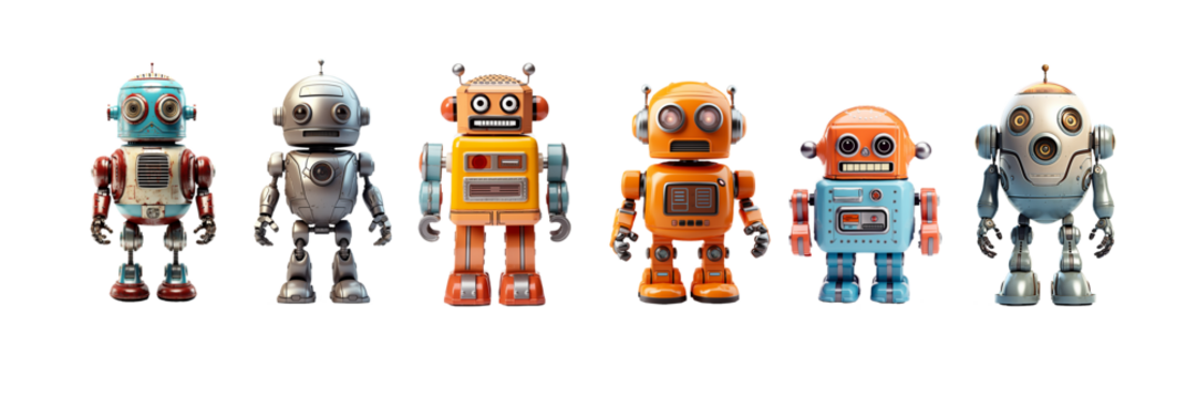 Collection set of vintage robots toys, miniature figurines isolated on panoramic transparent background, png file
