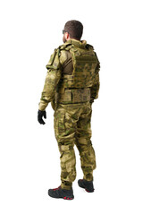 Back view of male soldier in military uniform isolated on white background