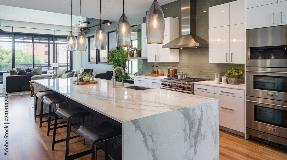 Wall mural CHICAGO, IL, USA - OCTOBER 12, 2020 A modern, luxurious white and grey kitchen with Bosch stainless steel appliances, a waterfall granite island, glass pendant lights, and hardwood flooring