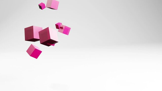 Abstract animation motion graphics with cubes in white light studio, video geometric 3d background with copyspace