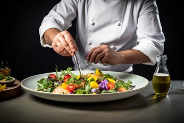 Obraz na płótnie Canvas A chef creatively plating a colorful salad featuring an assortment of allergen-free ingredients, demonstrating the aesthetic appeal and culinary possibilities of New Food Restrictions