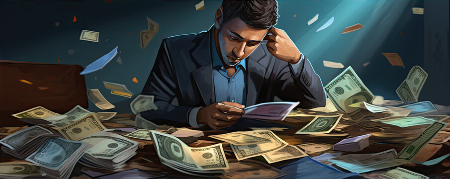 Success and fortune theme. Man couting money or paper dollar at his office.