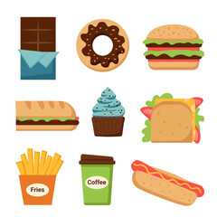 Set of junk food in flat style isolated on white. 