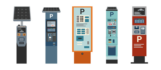 Set of self-pay parking meters isolated on white background. Technology concept. Contactless payment concept. Payment for parking.