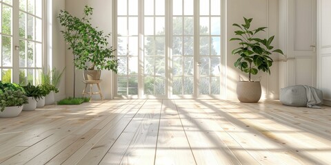 Light maple wooden parquet flooring creates a bright and airy contemporary space.