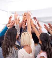 Hands together, team and people huddle for mission, support and back view with solidarity and...